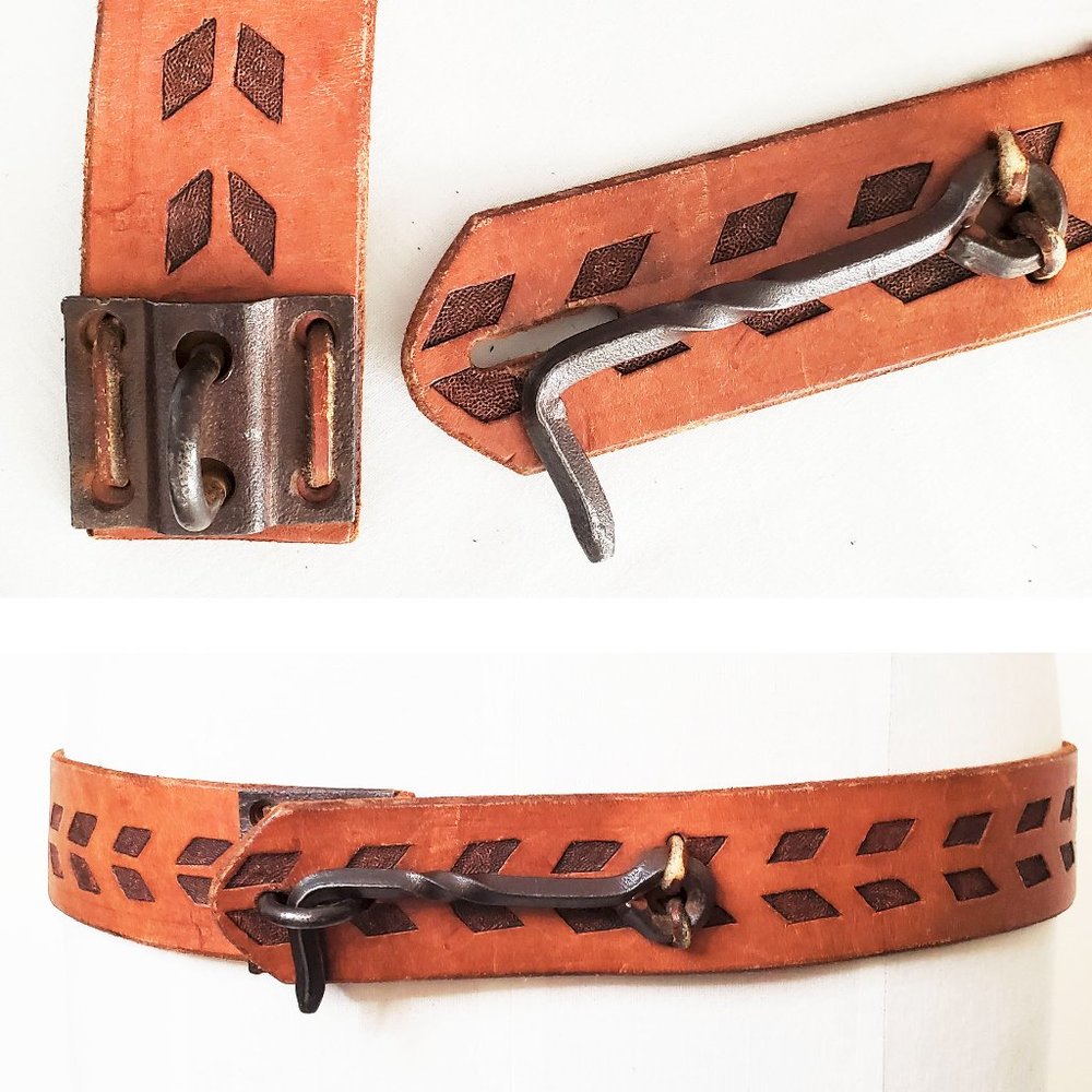 Vintage Unisex Handmade Leather Tooled Belt with Unique Buckle